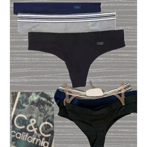 C&C California XL Black-Navy-Gray Comfy Waistband Baby Ribbed Thong Panties-3 Pk